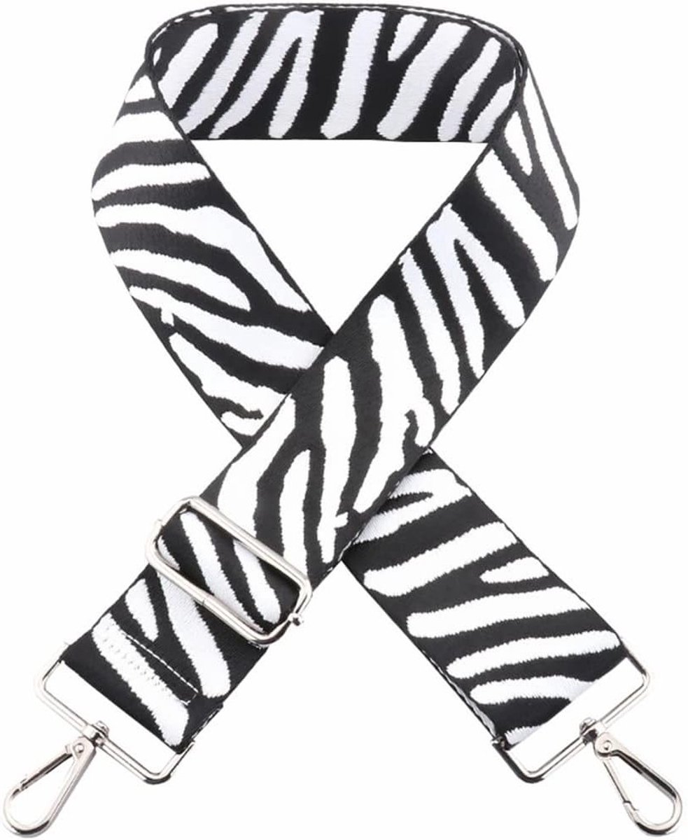 Verstelbare brede schouderband voor handtassen met zwart zebra print, 2" breed, 31.5-51" lang, met gouden karabijnhaak