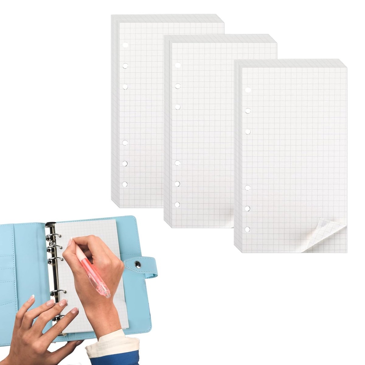 aladdien - Navulpapier A6 - 3 Stuks - Geruit Notitiepapier - 6 Gaten - Navulbaar - Inlegstukken - Geschikt voor Notitieboek - A6 Formaat