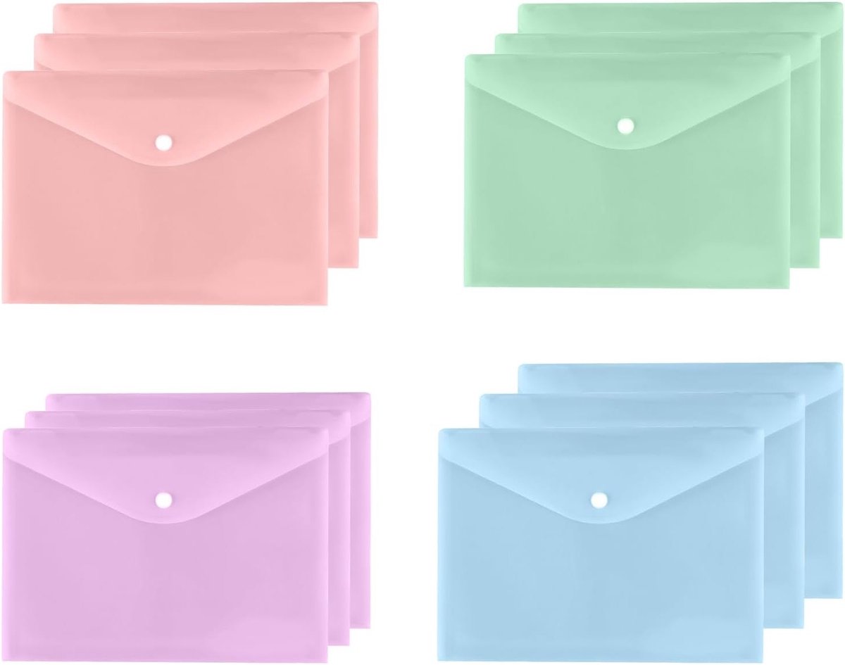 12 Stuks A4 Plastic Folders - Vouwbare Documentenmap, Duidelijke Opbergmap voor Documenten, Ideaal voor Kantoor en School