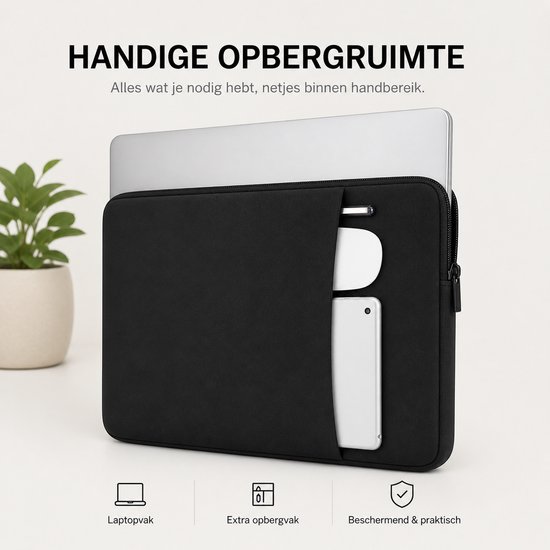Zwarte laptoptas met een laptop erin en vakken met accessoires.