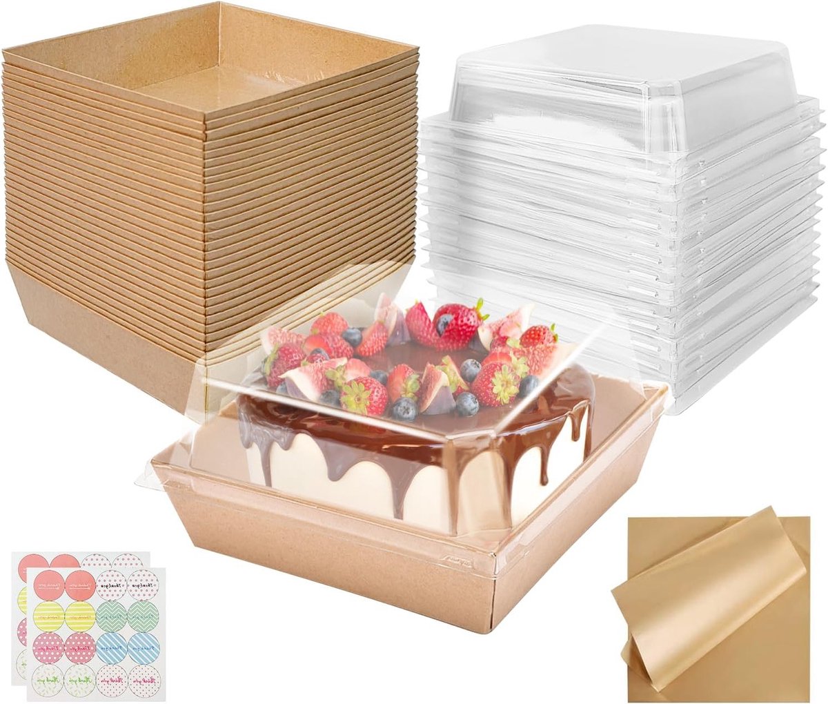 30 Stuks Herbruikbare Cakeboxen met Transparante Deksel, Ideaal voor Taarten, Cupcakes en Macarons, Inclusief Bakpapier en Stickers, 12 cm