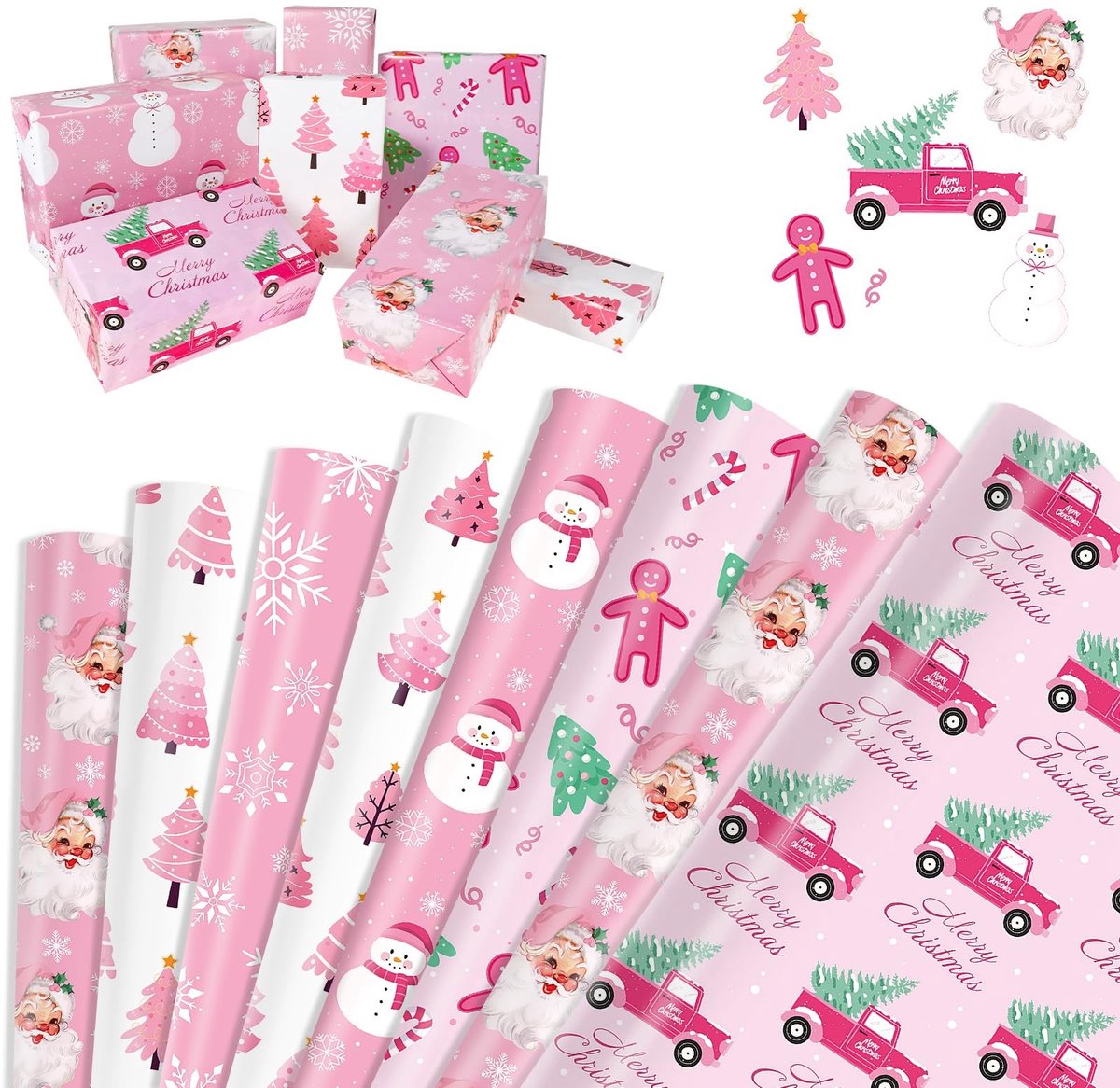 aladdien - Roze Kerst Inpakpapier - Duurzaam - Recyclebaar - 12 Vellen - Met Kerstboom en Santa Claus - Perfect voor Cadeaus - Feestdagen