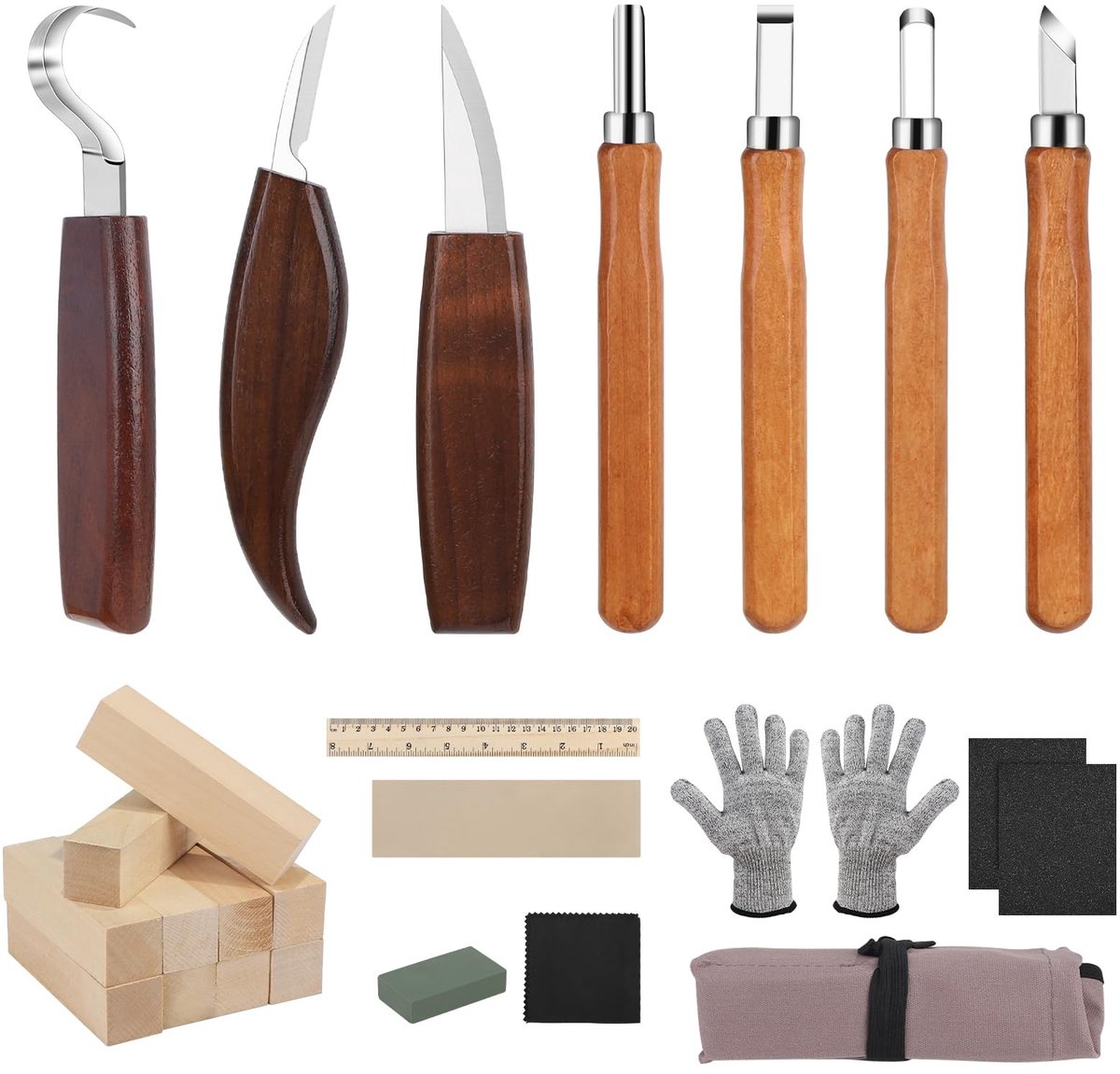 aladdien - Houtbewerkingsset - Houtbeitels - Compleet met handschoenen - 24-delige set - Voor beginners en professionals - Ideaal voor precisiewerk