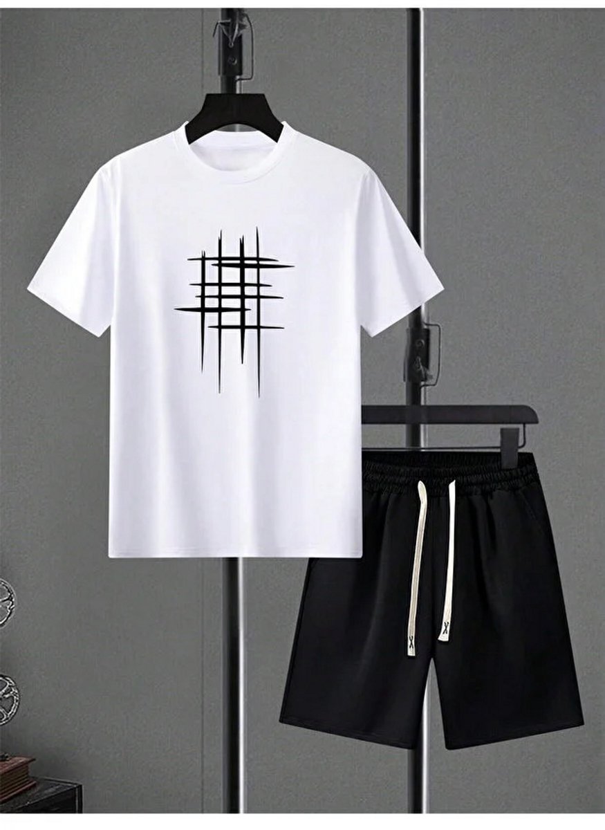 Stijlvol Zomerpak voor Mannen - Wit en Zwart T-shirt met Abstracte Print & Zwarte Comfortabele Shorts - 2XL-3XL