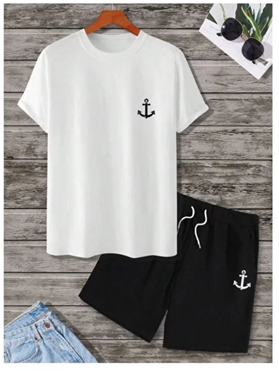 Modieus Zomer Setje met Anker Design - Comfortabele Katoenen T-shirt en Shorts voor Mannen - Wit en zwart - S-M