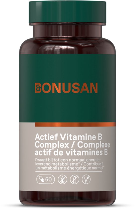 Bonusan Actief Vitamine B Complex pot met 60 capsules en informatie over het metabolisme.
