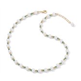Collier de Perles pour hommes et femmes avec perles blanches et accents dorés-verts - fermeture réglable - collier de perles unisexe