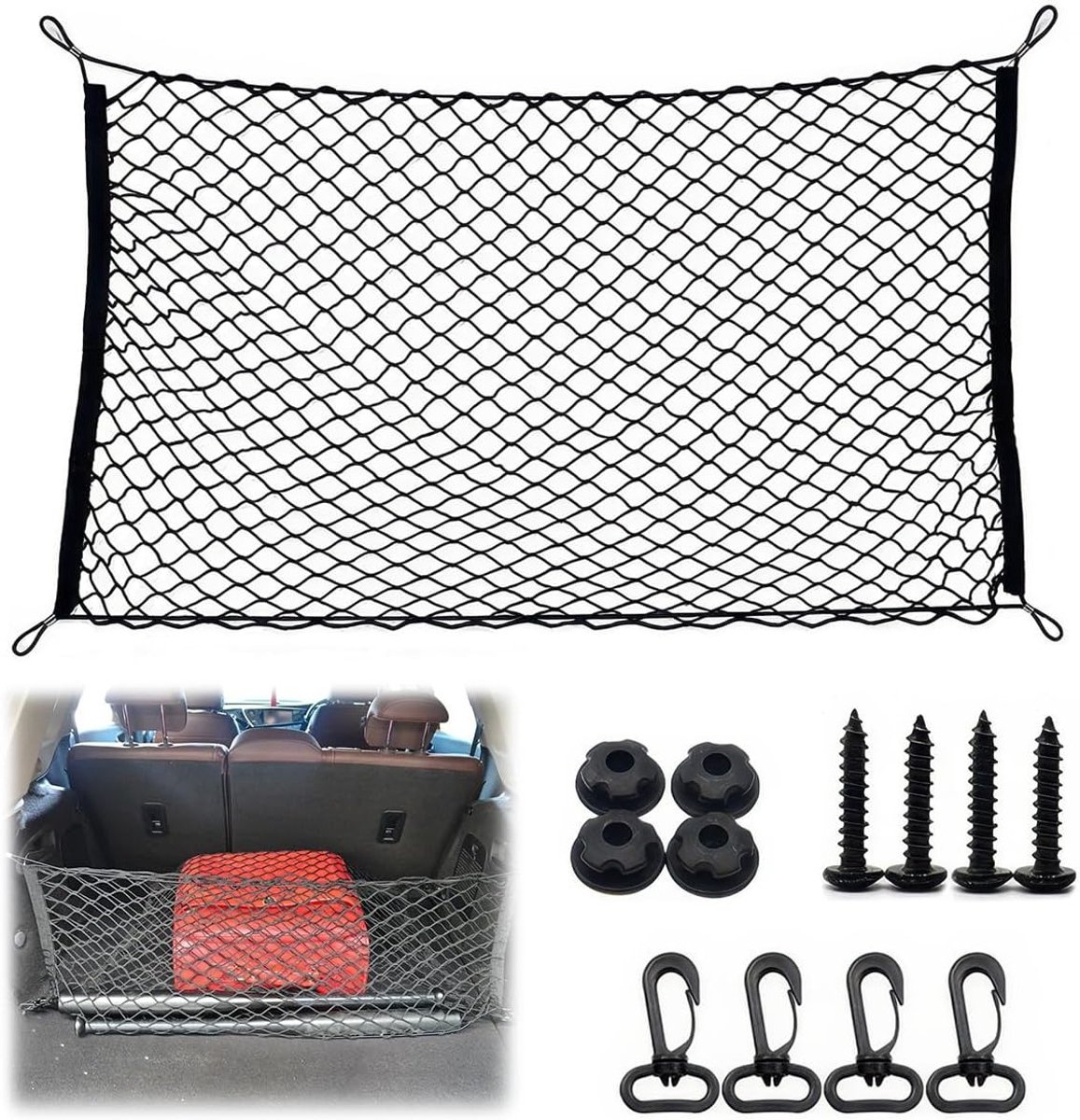Ruimtebesparend Auto Bagagenet 110 x 60 cm - Elastisch Opbergnet voor Kofferbak, Geschikt voor Auto's, SUV's en Vrachtwagens met Haaksluitingen