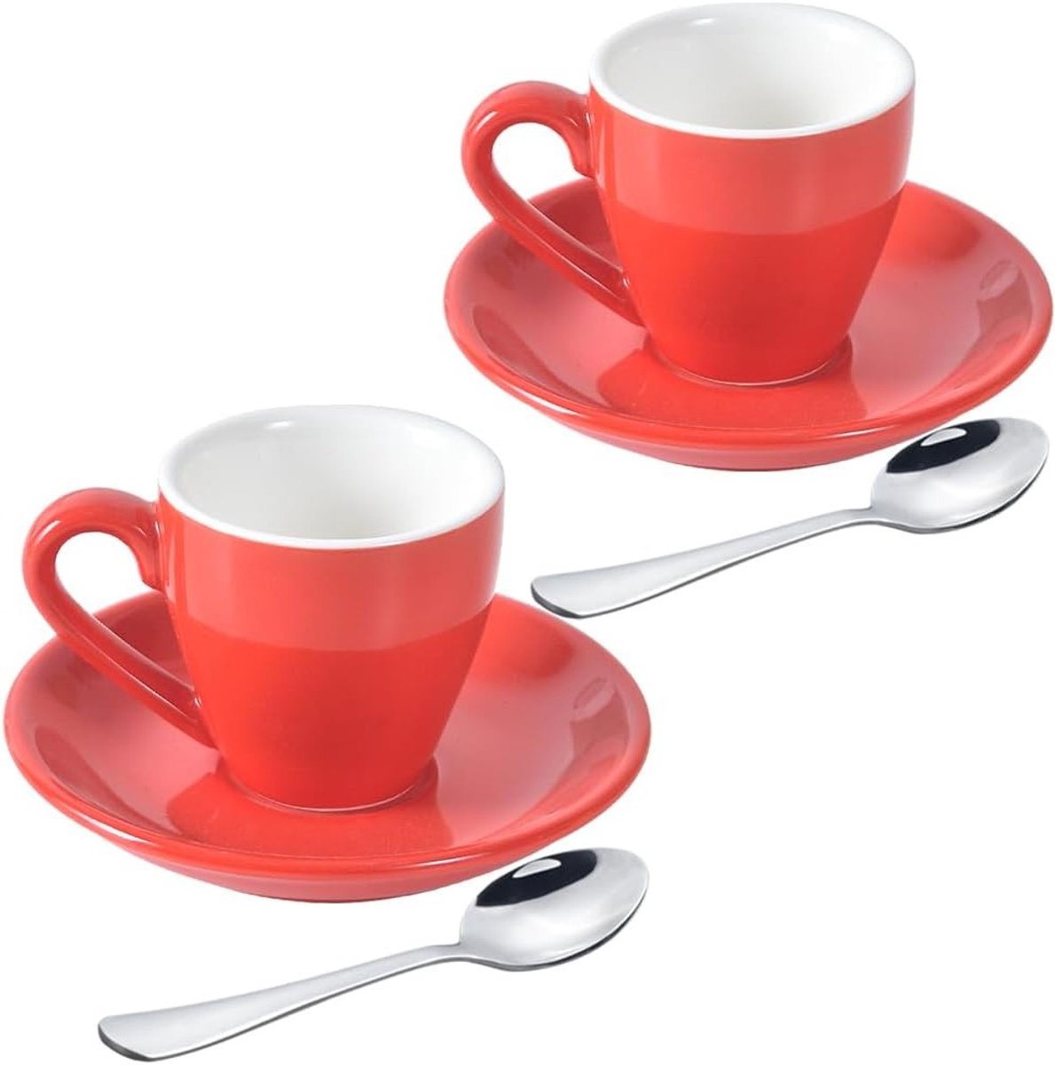 Set van 2 rode porseleinen espressokopjes met schotels en lepels - 80ml