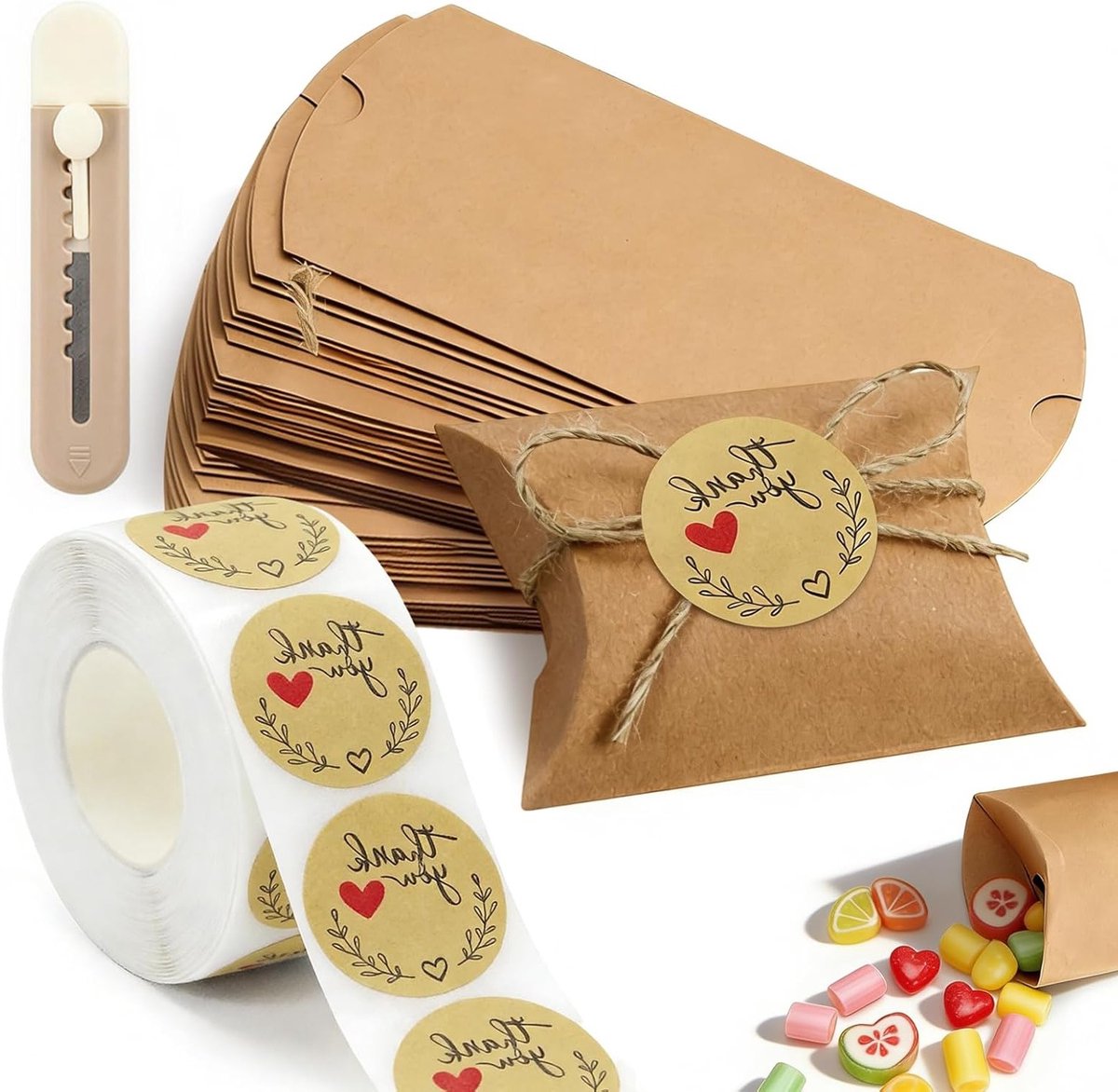 Herbruikbare geschenkdoosjes van kraftpapier, 60 stuks, 14,5 x 7 cm, ideaal voor bruiloften, gastgeschenken en feestelijke gelegenheden met jute koord en stickers