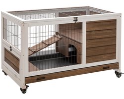 WEVERO Konijnenkooi – Knaagdierenhok voor Kleine Huisdieren - Afneembaar Dienblad & Openslaand Dak - 90x53x59 cm - Bruin