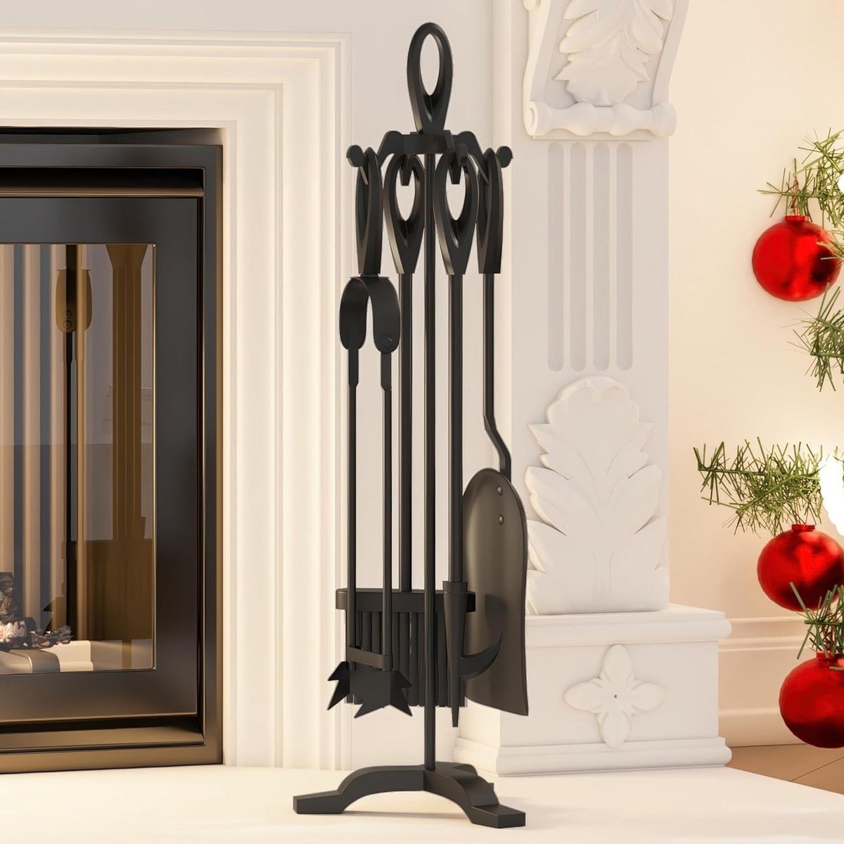 5-delige Zwarte Gietijzeren Open Haard Companion Set 19.5x17x61Cm - Log Brander Accessoires Duurzaam Fireside Tool Kit