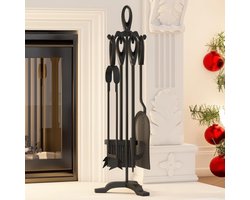 5-delige Zwarte Gietijzeren Open Haard Companion Set 19.5x17x61Cm - Log Brander Accessoires Duurzaam Fireside Tool Kit