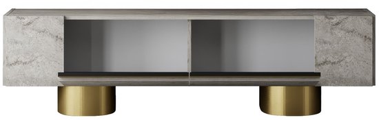 Tv-meubel met marmerlook en twee open vakken, staande op gouden poten.