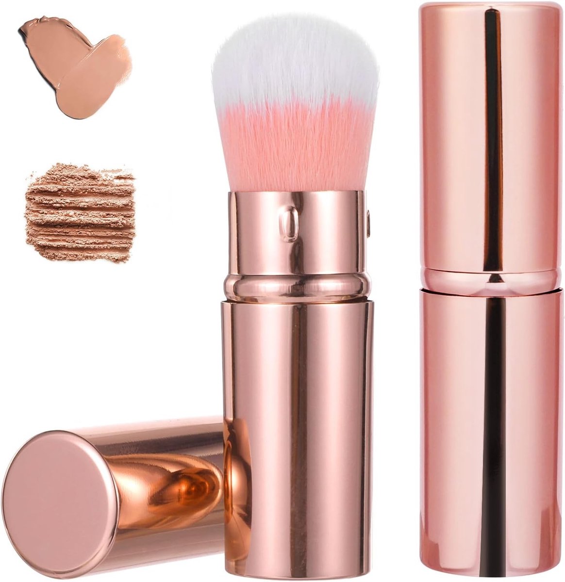 Set van 2 Uittrekbare Blush- en Kabuki Make-upkwasten met Deksel, Draagbare Reisborstels voor Vloeibare Foundation, Poeder en Bronzer, Professionele Gezichtsmixer en Concealer voor Dagelijks Gebruik
