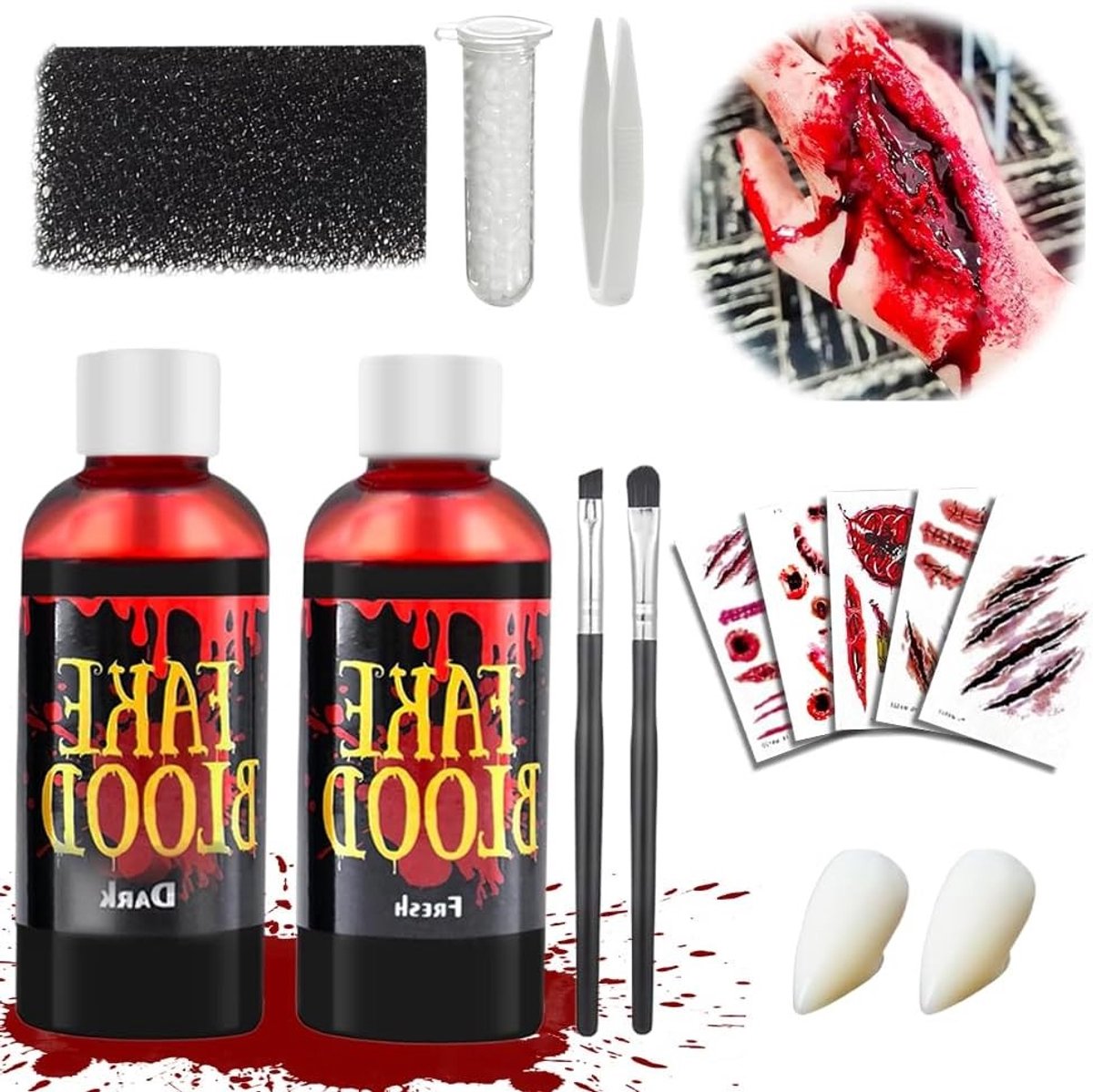 Halloween Nepp Bloed Make-up Set 60ml - Donker Rood Theatrale Bloed, Vampier Tanden, Make-up Kwasten en Sponsjes, Inclusief 5 Realistische Wonden en Littekens