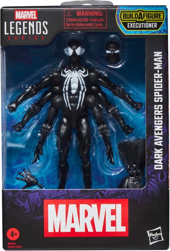 Marvel Legends Dark Avengers Spider-Man actiefiguur in verpakking, met witte spinnenlogo en zes extra armen.
