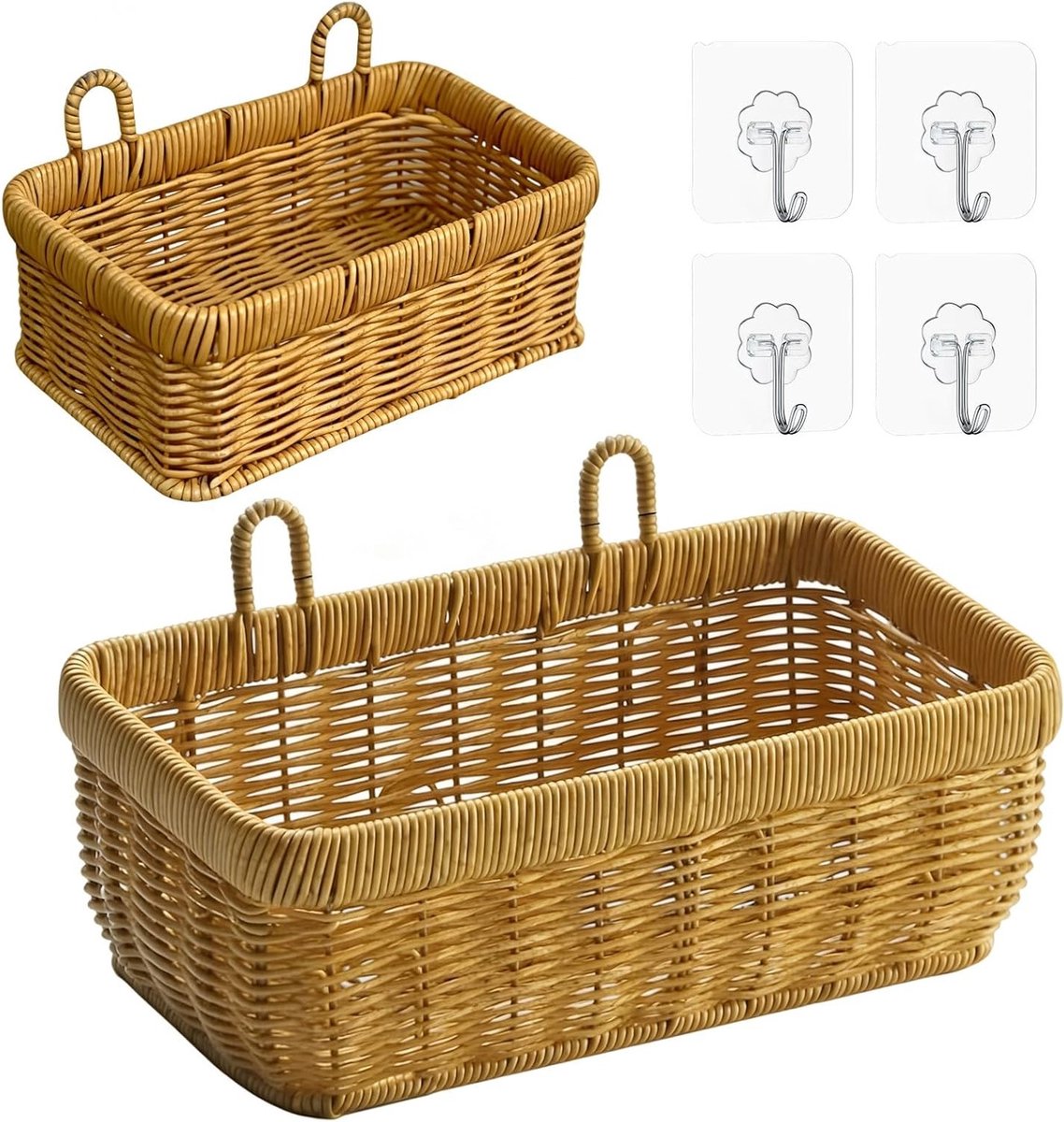 Opbergmanden van Riet, Wandbeugel, Set van 2, Hangende Opbergmanden, Decoratieve Opbergoplossingen voor Slaapkamers, Kantoor en Woonkamers