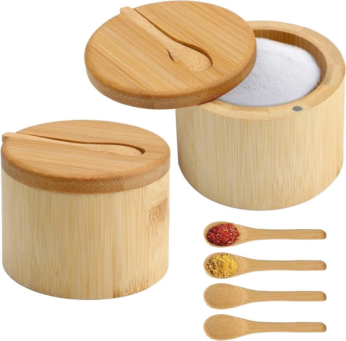 Bamboe Zoutdozen met Magnetisch Deksel en Lepels - Set van 2