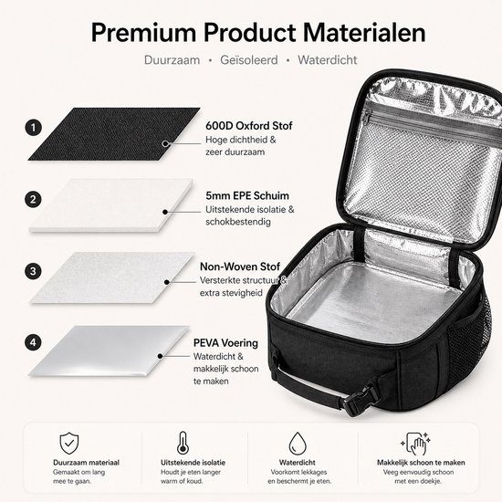 Zwarte lunchtas met informatie over het 600D Oxford stof, 5mm EPE schuim en PEVA voering.