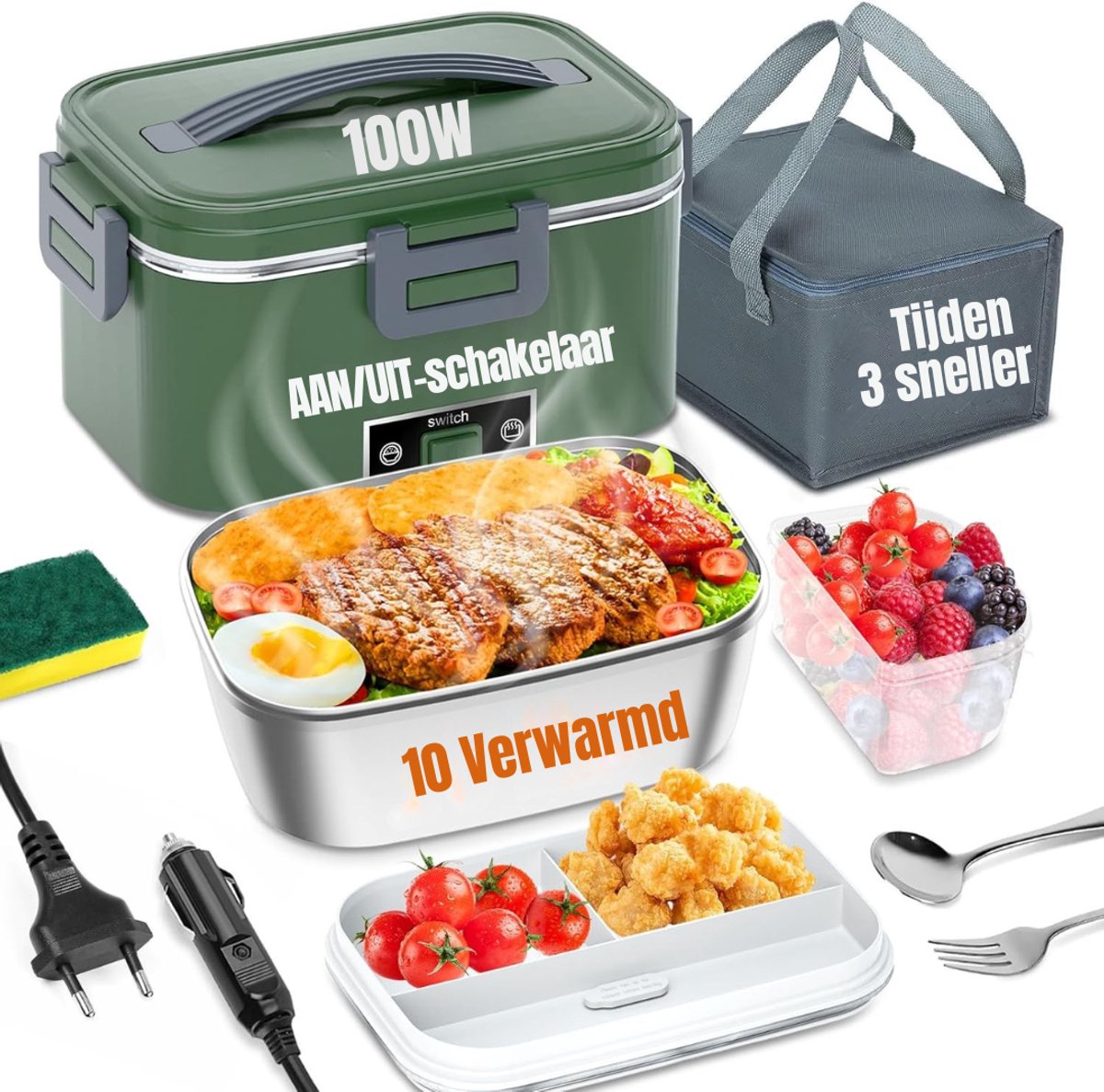 RWB® Elektrische Lunchbox - Lunchbox Elektrisch - Borrdtrommel Elektrisch - Groen - 24cm × 17cm × 11cm