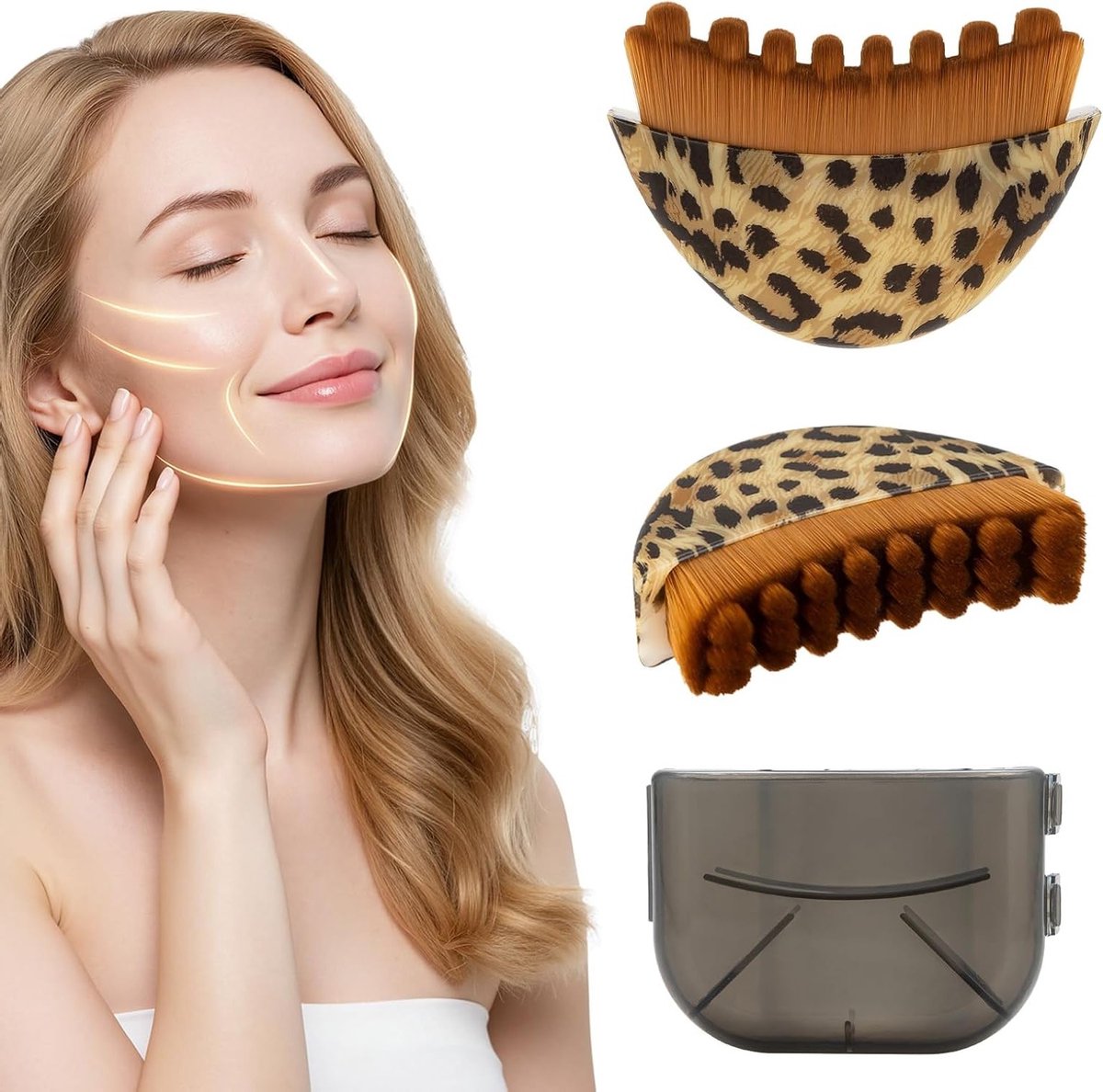 Set van 2 Lymfedrainage Gezichtsborstels met Luipaardpatroon voor Gezichtscontour, Kinnensculpting en Lichaamsmassage met Opbergdoos