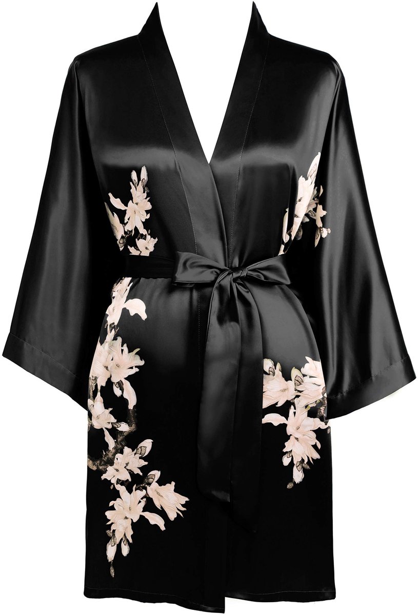 Allecto - Floral Print Dressing Gown - Korte Kimono - Lichtgewicht Satin - Zomer Badjas - Geschikt voor Dames - 97 cm Lengte