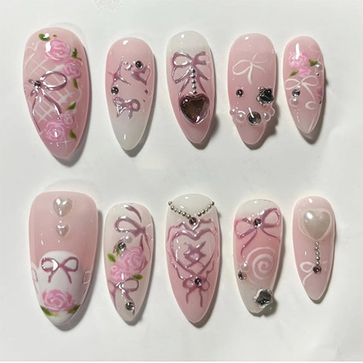 Allecto - 3D Nagels Set - 24-delige Bloemdesign - Herbruikbaar en Comfortabel - Nagelkunst - Met Parels - Ideaal voor Feestjes - Geschikt voor Nage...
