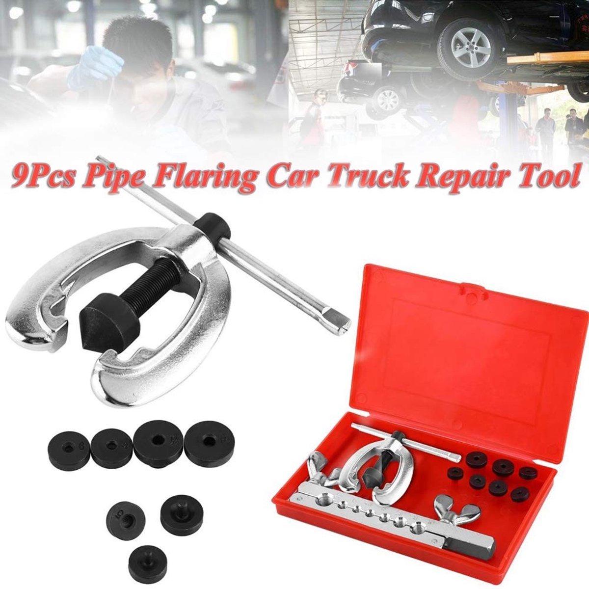 Allecto - Pijp Affakkelen Tool Kit - 9 Stuks Flare Set - Stalen Pijp Affakkelen Kit - Rode Opbergkoffer - Geschikt voor Koper en Messing