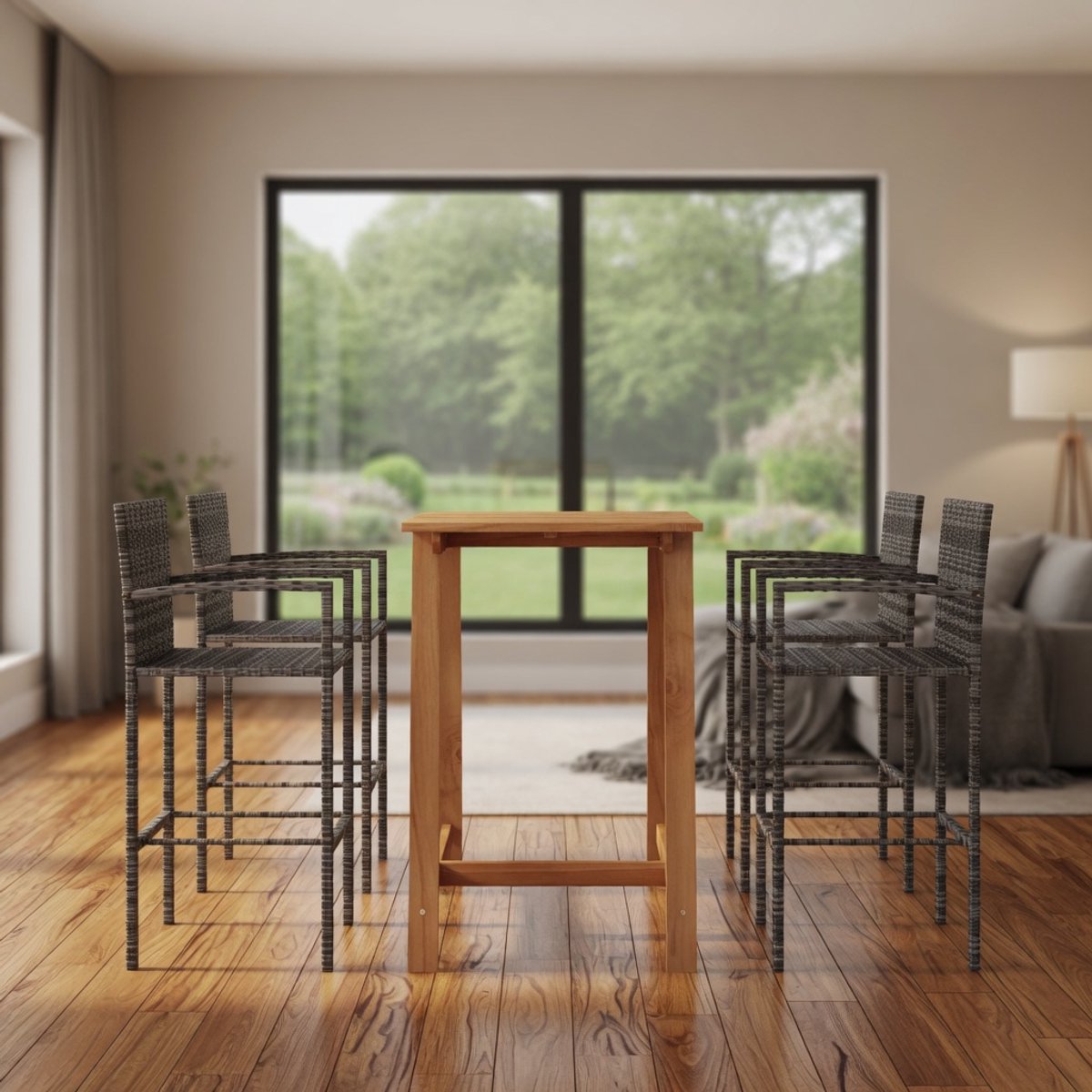 5-Delige Luxe Tuinbarset Grijs - Bartafel Massief Acaciahout + 4 Barkrukken PE-Rotan Staal - Weerbestendig - Voor Tuin, Terras & Balkon - Ganeey