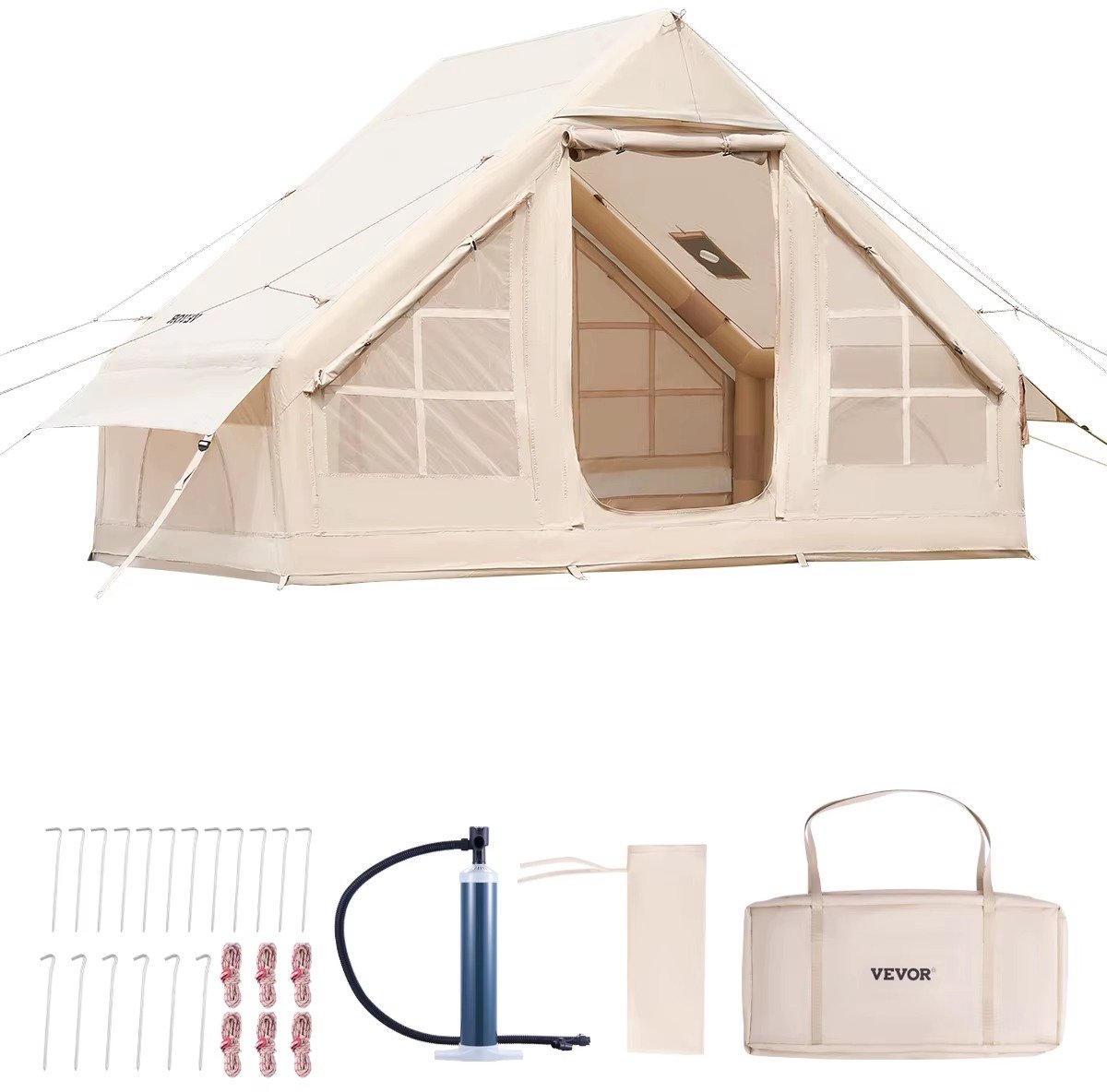 JOYNEXTBUY - Opblaasbare tent - Kampeertent - Outdoor tent - 3 tot 4 personen - Inclusief opbergtas - Inclusief handpomp - PVC - 3m x 3m - Beige