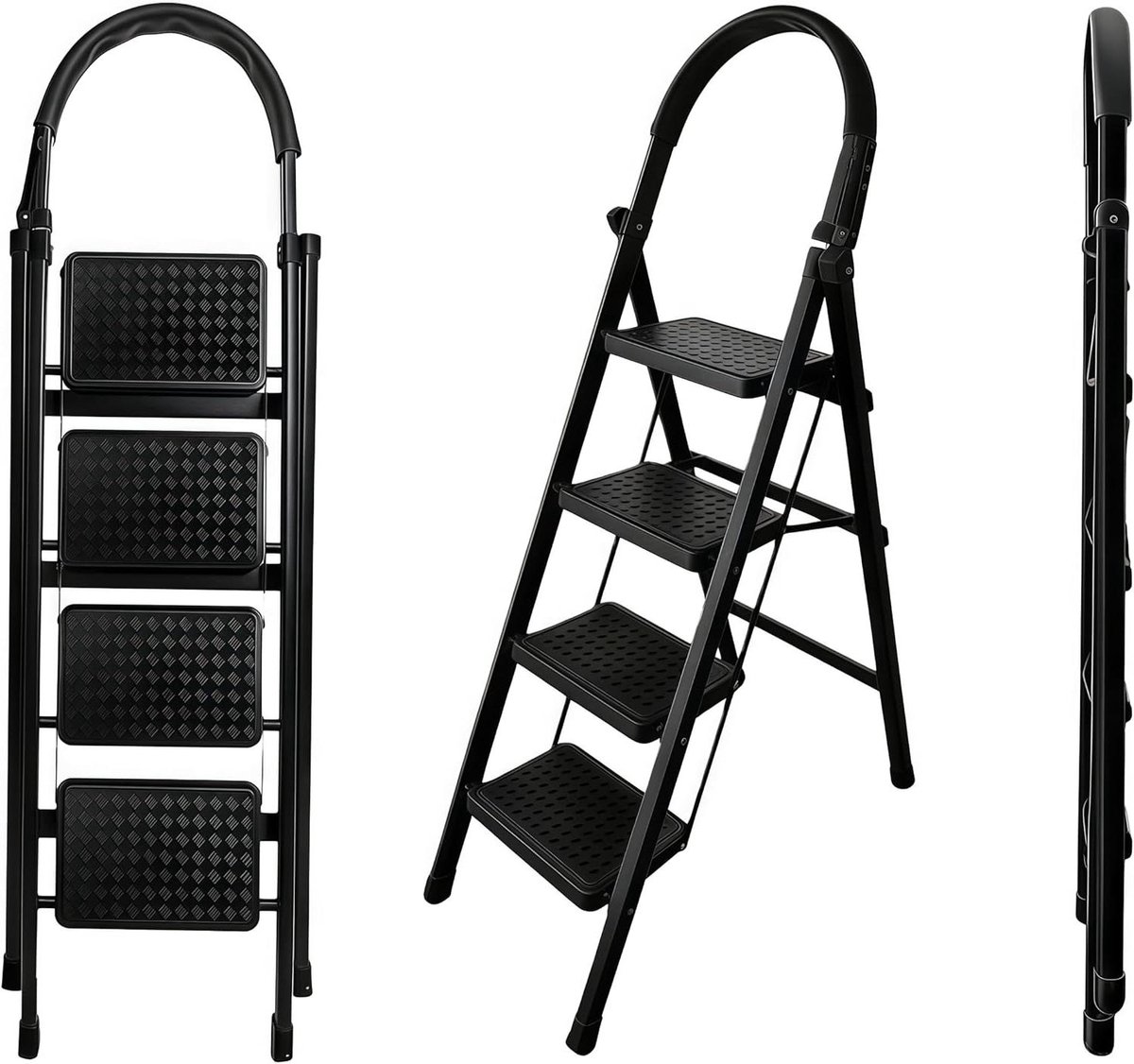 Vouwbare Keukenladder - 4-Treden Klimrek - Veilig Klussen - Met Veiligheidssluiting - 150 kg Draaglast - Wit en Zwart