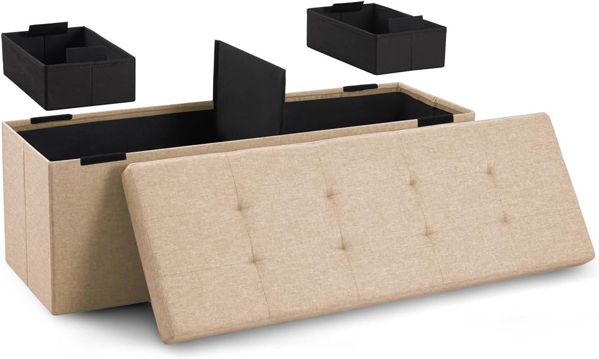 Opbergbank - Opbergkist - Ruimte Organiseren - Inclusief 2 Boxen - 110 cm Lengte - Beige