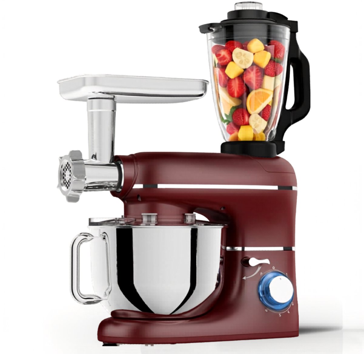 KAD® Keukenmachine - Keukenmachine – Multifunctionele Foodprocessor met Vleesmolen – 2000W – 6.2L RVS Mengkom – Incl. Accessoireset - Rood - 38cm x 24cm x 32cm