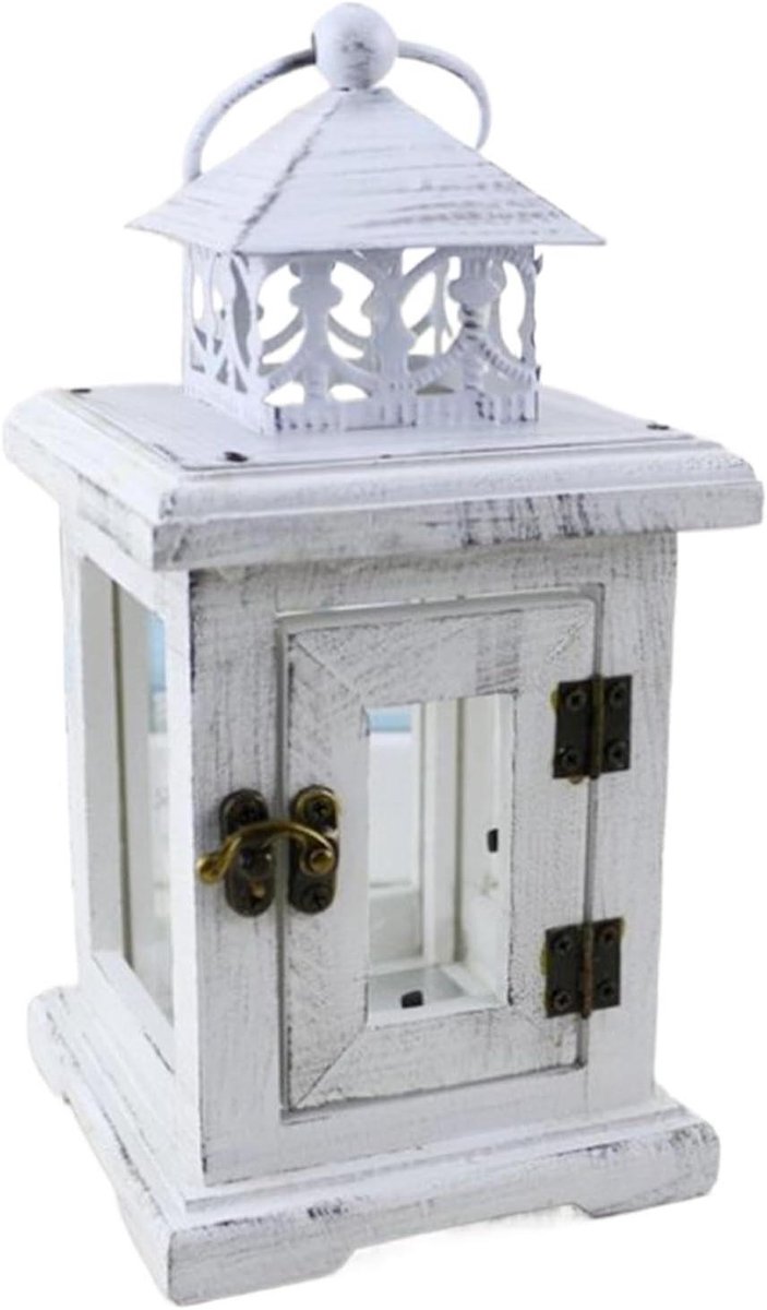 Witte Kaarslantaarn - Decoratieve Houder - Sfeerverlichting Huis - Rustieke Houten Standaard - 11 x 11 x 22 cm - Wit