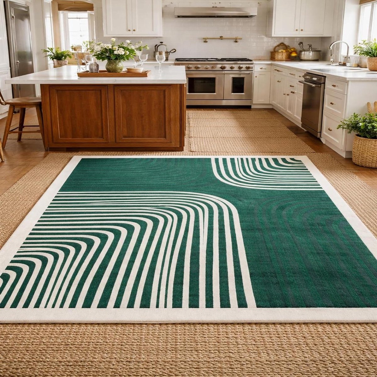 Grote vloerkleden woonkamer, modern, geometrisch, abstract groen, wit, beige, 160 x 200 cm