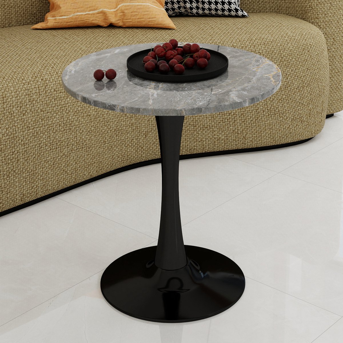 MODENUIT Bijzettafel - Ronde Tafel Voor Woonkamer En Eethoek - Kunstmarmer Blad Met Zwart Onderstel - Zwart Grijs Donkergrijs