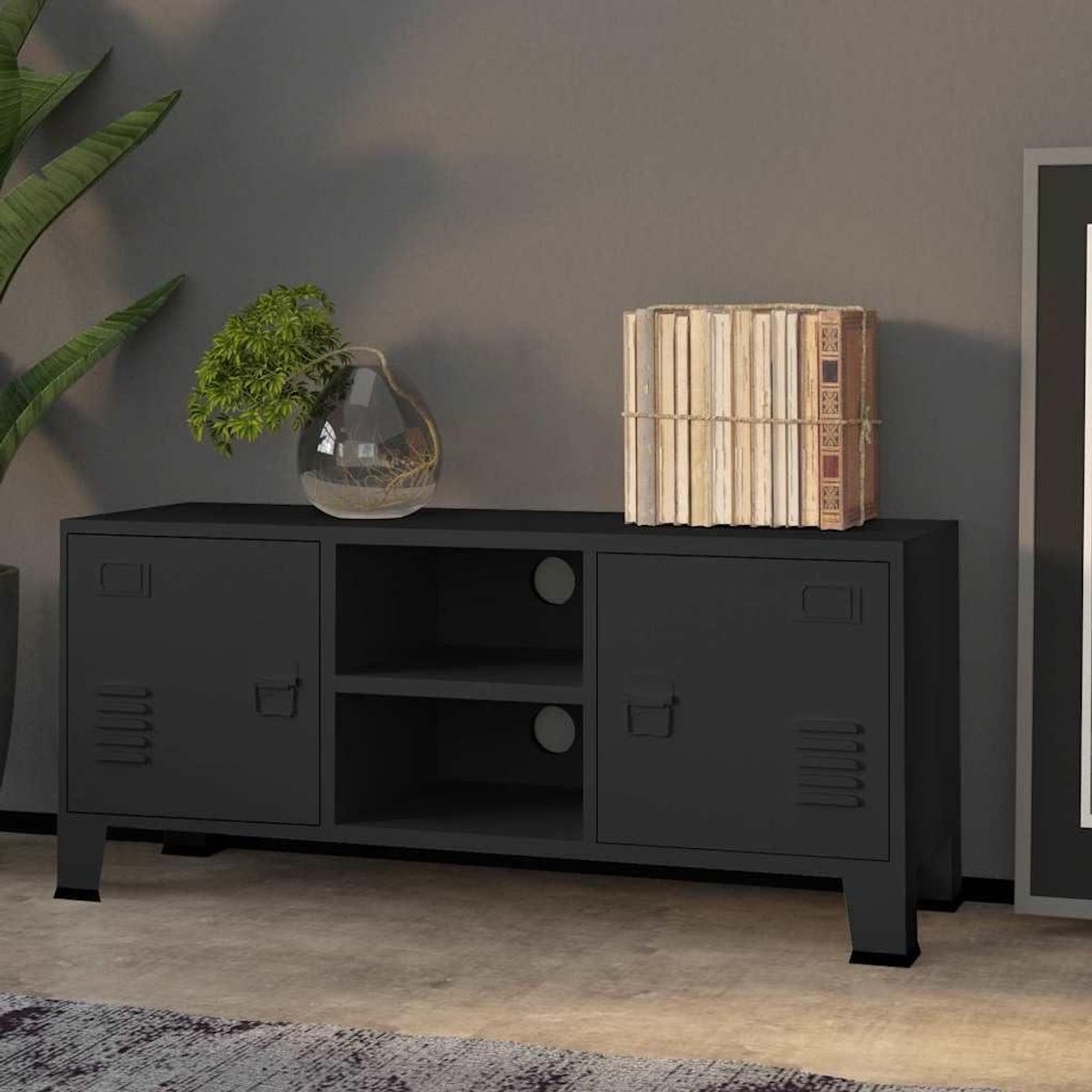 Tv-kast Metaal - Tv meubel Dressoir - Opbergen Media - Industriële Look - 105 x 35 x 42 cm - Zwart