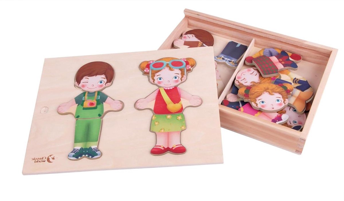Houten Puzzel - Kleedpuzzel - Kinderen Leren - 26 Delen - 25 x 19 cm - Houtkleur