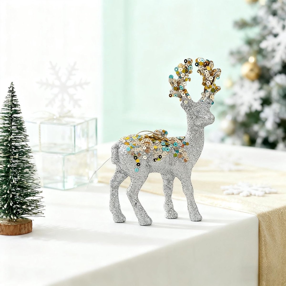 Kerstbeeldje Rendier - Vakantie decoratie - Huis versieren - Gevlokt met glitter - 15 x 7 cm - Zilver – foto 3