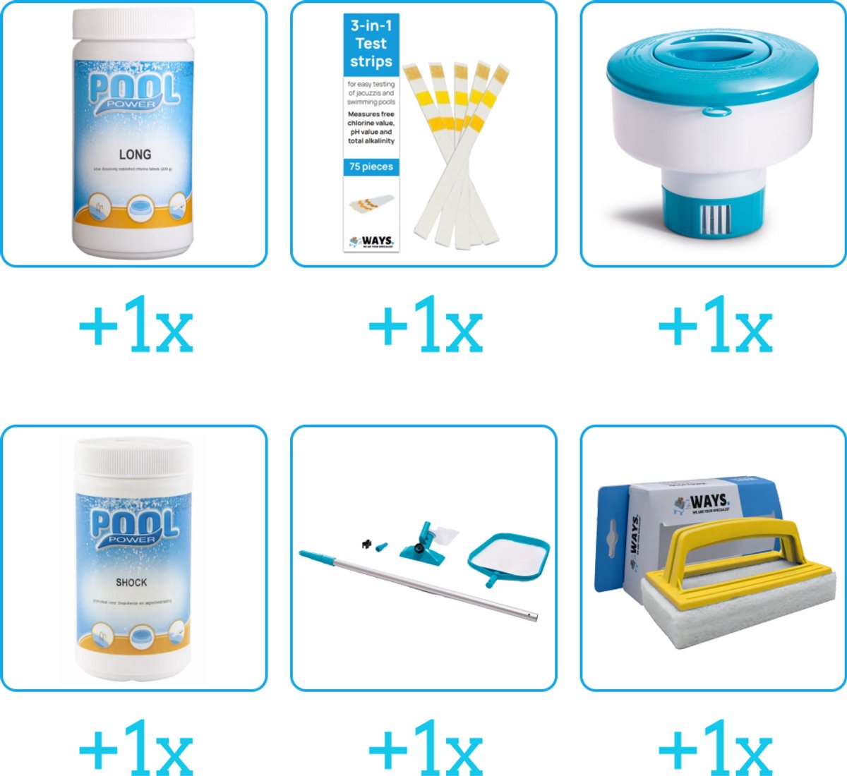 Zwembad Onderhoudspakket - Onderhoud Zwembad - bevat Chloor - Testrips - Chloordrijver - Chloor - Schoonmaakset en Scrubborstel (6-delig)