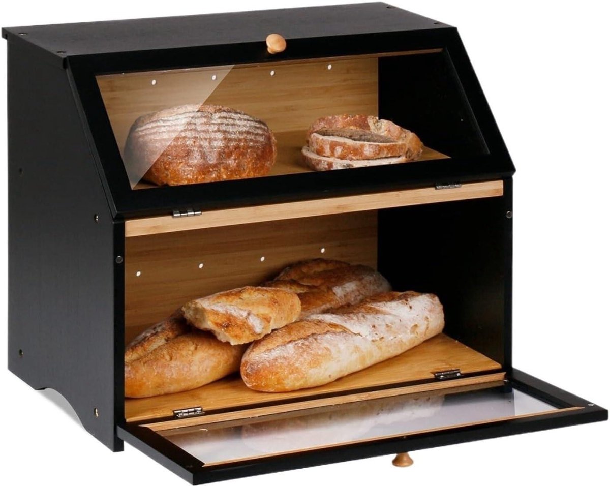 Broodtrommel Dubbeldeks - Broodopslag Keuken - Brood Vers Houden - Transparant Glazen Venster - 38.9x32cm - Zwart
