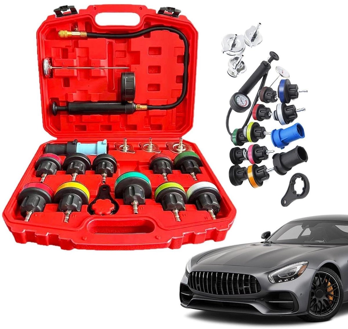 Radiator Druk Tester - Koelvloeistof Kit - Lekkages Opsporen - Vacuüm Vullen - 18 Delig - Zwart