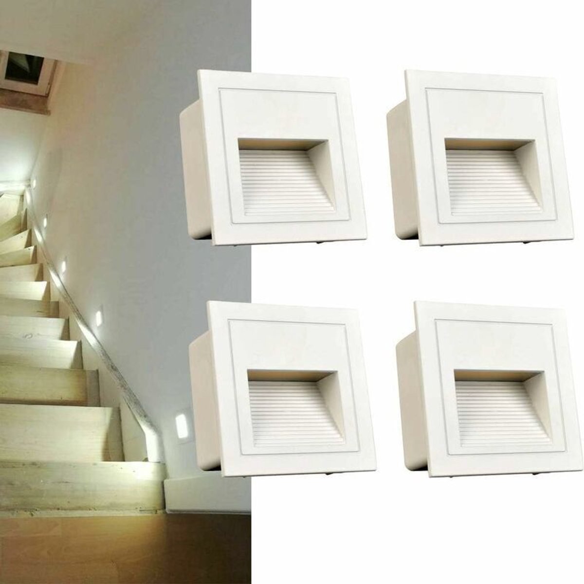 Een set van 4 vierkante LED-inbouwwandlampen, koel wit licht, geschikt voor trap- en tredeverlichting, gemaakt van aluminium, decoratieve verlichting en armaturen, witte behuizing.