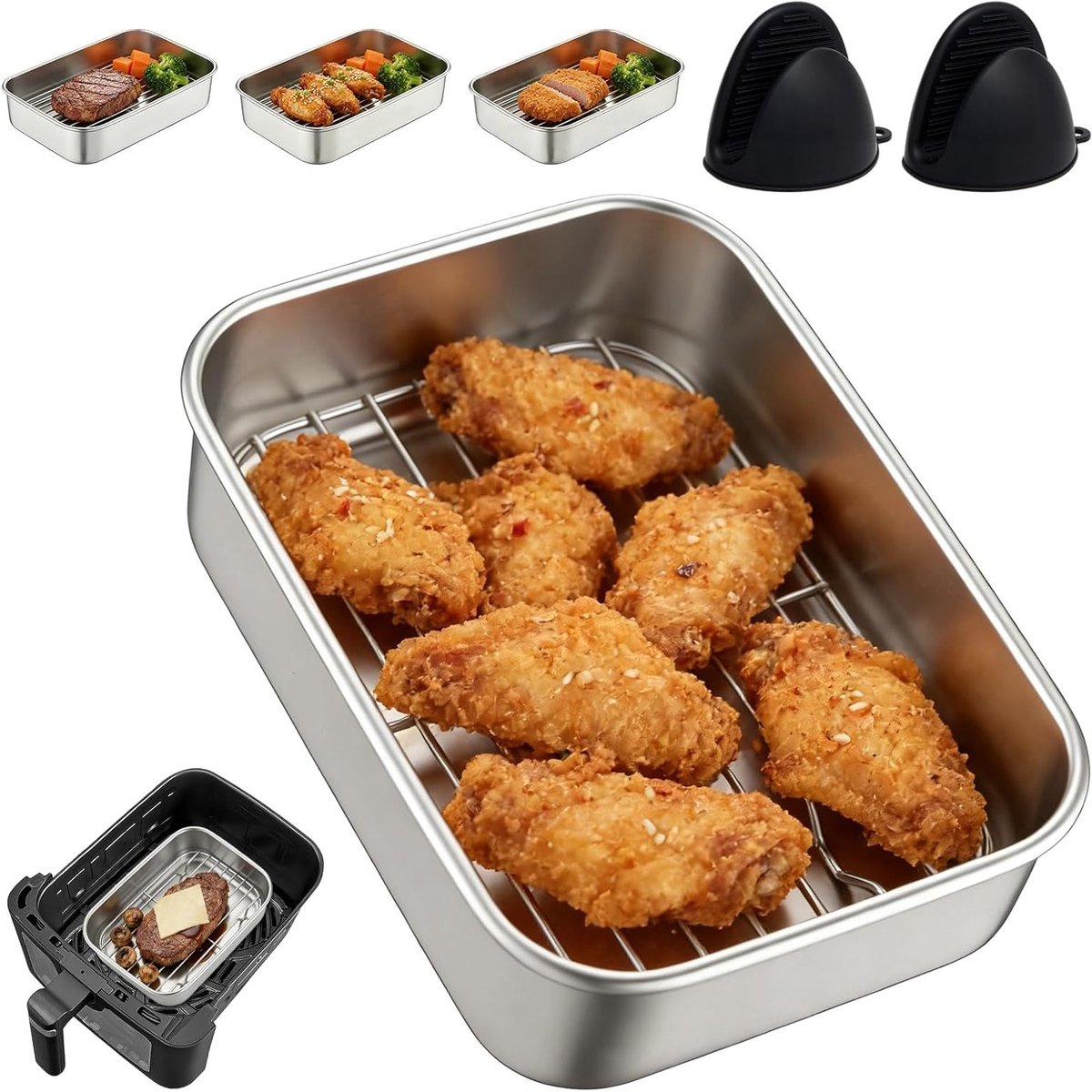 Hittebestendige Bakvorm voor Airfryer van RVS, Vierkante Bakvorm met Druppelrooster, 20 x 15,2 x 5 cm, Perfect voor Gezond Bakken en Koken