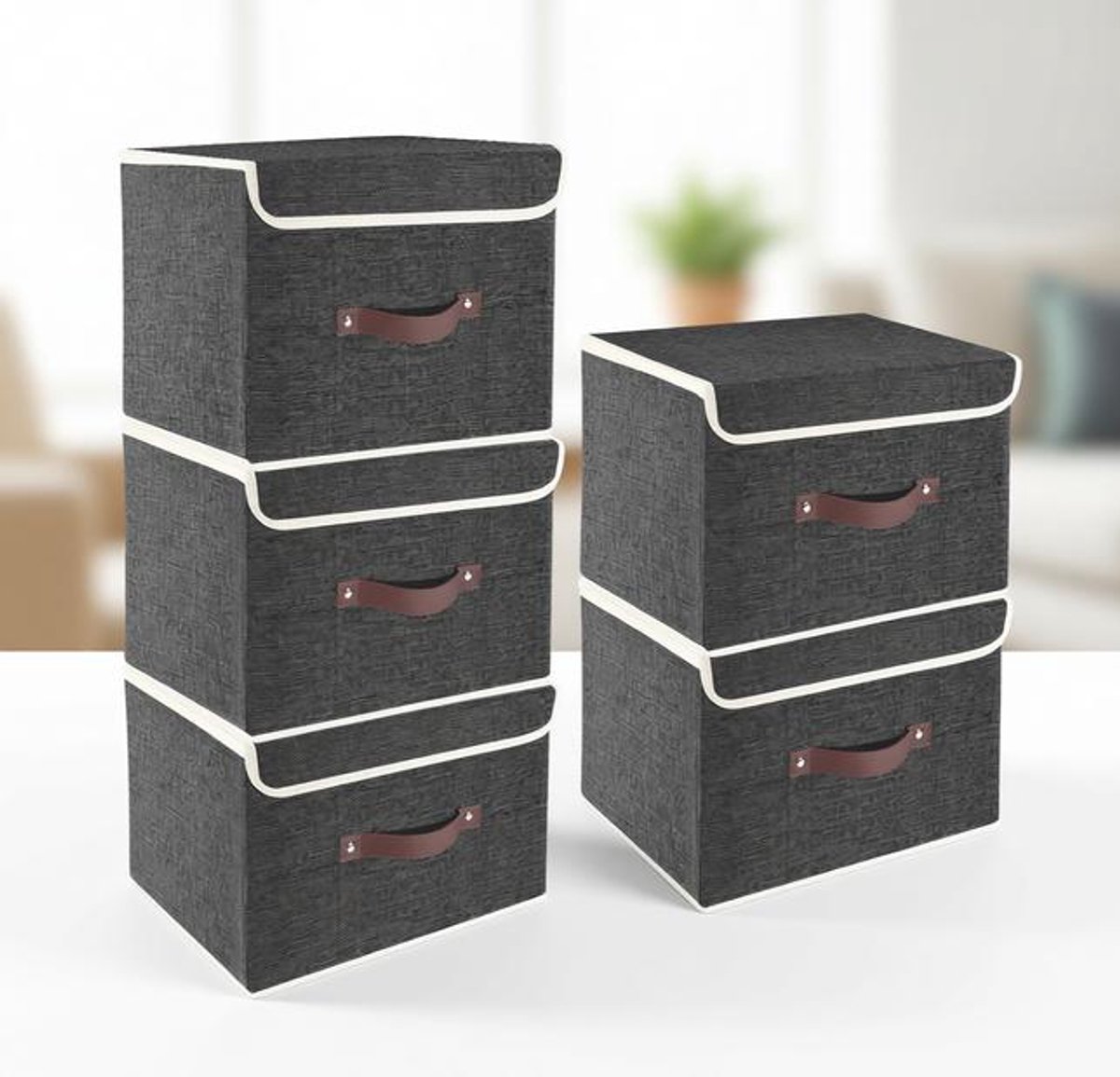 ElleMooi Opvouwbare Opbergdozen met Deksel - Set van 5, Wasbaar en Duurzaam, 38x25x25 cm, Zwart