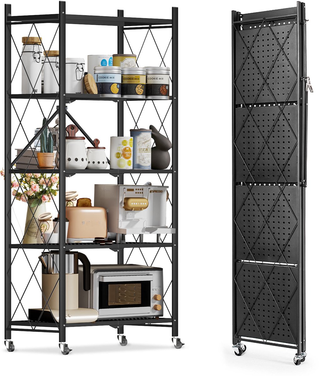 HomeMiYN Stalen Vouwrek – 5-laags Opbergrek – Stevig Stalen Frame, Verstelbare Planken, Wieltjes met Rem – Eenvoudig te Monteren – Multifunctioneel Magazijn- & Kantoorrek