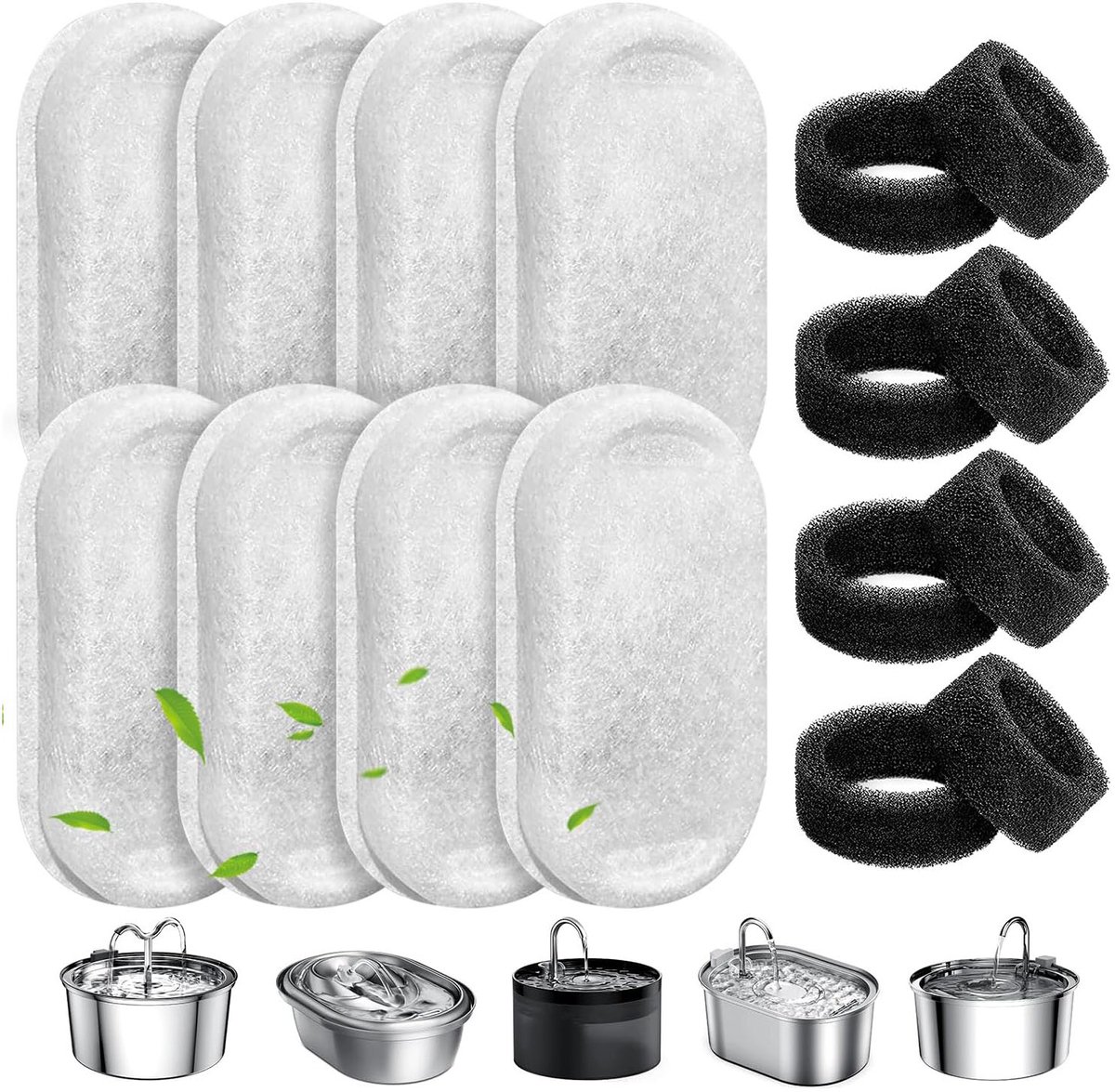8+8 Kattenfontein Filters Set - Koolstoffilters & Sponsfilters voor (RVS) Drinkfontein - Universele Vervangingsfilters Katten & Honden - Ionenwisselaar Hars - Wit - 16 Stuks