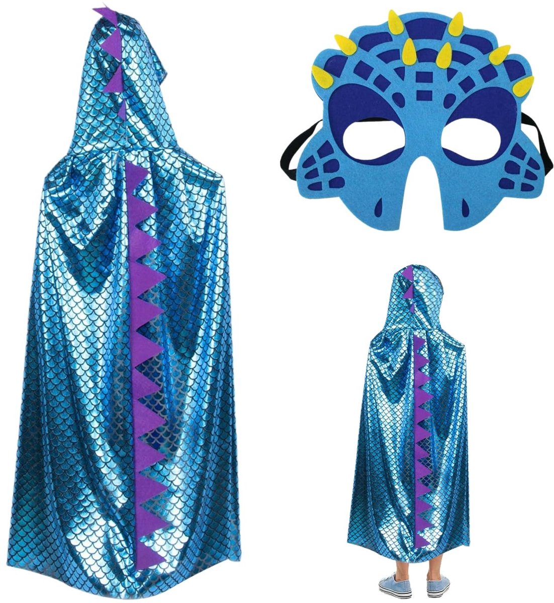 LAUZY- Dinosauruskostuum met blauwe cape - Dinosaurus masker - Verkleed kostuum - Themafeest - 110 x 90 cm - Lichtgewicht materiaal - Verkleedkostuum