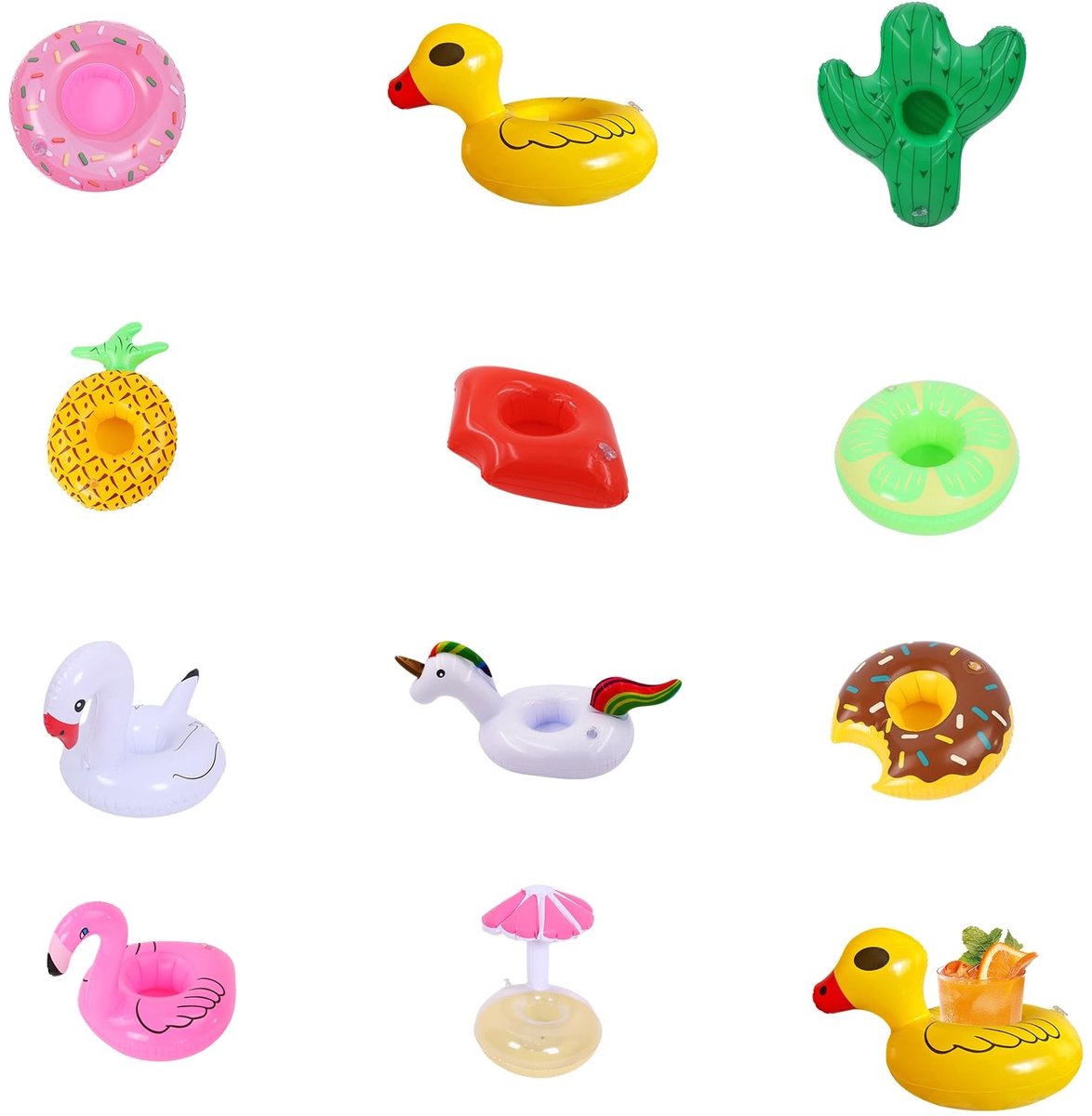 BRENZOOS- Bekerhouders 11 Stuks - Opblaasbaar - Duurzaam PVC - Herbruikbaar - Kleurrijk - Perfect voor Zwembad/Strandfeesten - Drinkhouders